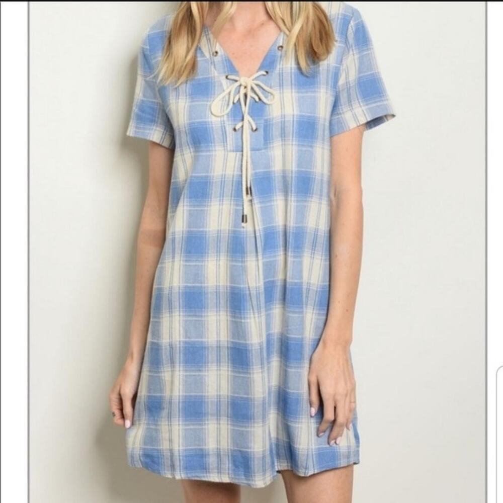 NWT Entro Blue & Ivory Plaid Short Sleeve Lined Dress Sz M Cottagecore